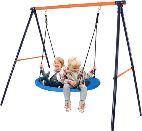 Built Tough Heavy Duty A Frame Swing Stand For Your Backyard With 440 Lbs Weight Capacity Durable Powder Coated Steel Frame Great For Hammock Chairs And Swing Sets supporting children on a blue swing.