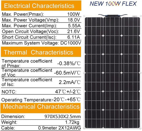 10 Pack Flexible Monocrystalline Solar Panels 100 Watts Each Deliver Smooth Efficiency and Featherweight Portability for RVs, displaying electrical and thermal specs.