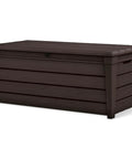 Lockable 120 Gallon Outdoor Storage Deck Box For Patio Backyard And Garden In Brown Waterproof Plastic Bench, side view.