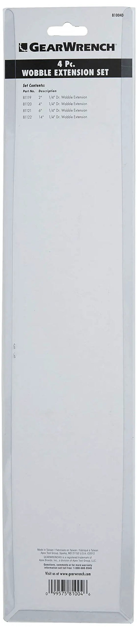 Wobble Extension Set For One Quarter Inch Drive With Two Inch, Four Inch, Six Inch And Fourteen Inch Extensions package view