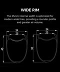 Wide rim diagram showing 25mm internal width for Gravel Road Carbon Wheelset 700C Ultralight Disc Clincher Tubeless Ready