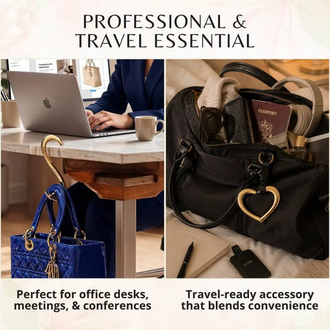 Gold Finish 22K Purse Hook For Table in use holding a blue handbag at a desk; heart-shaped holder in black bag with travel essentials.