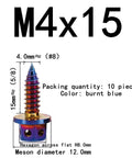 PVD Blue Burnished 304 Stainless Steel External Hex Flange Self Tapping Screws Set M4 size burnt blue 15mm shown with dimensions.