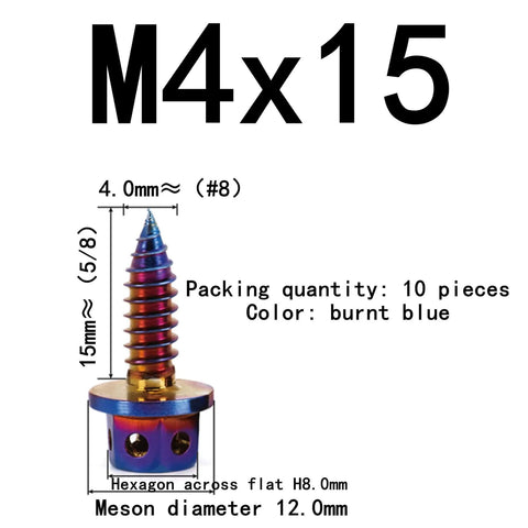 PVD Blue Burnished 304 Stainless Steel External Hex Flange Self Tapping Screws Set M4 size burnt blue 15mm shown with dimensions.