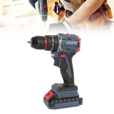 Knockout Cordless Drill And Electric Screwdriver Set With Brushless Motor Adjustable Torque And Bright Led Work Light side view with torque settings and battery.