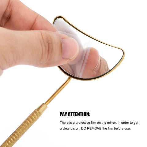 Half Moon Lash Mirror For Eyelash Extensions Large Viewing Window High Definition Clarity Easy To Use Tool For Precise Lashes Fits All Eye Shapes Remove Protective Film Before Use, gold metal with film