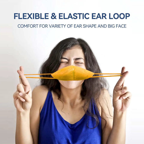 Person holding a KN95 mask with elastic ear loops from the 50 Pack KN95 Face Masks 5 Ply Breathable and Comfortable Safety Mask for Everyday Use with 3D Design Fits Snugly to Your Face and Provides Strong Filtration.