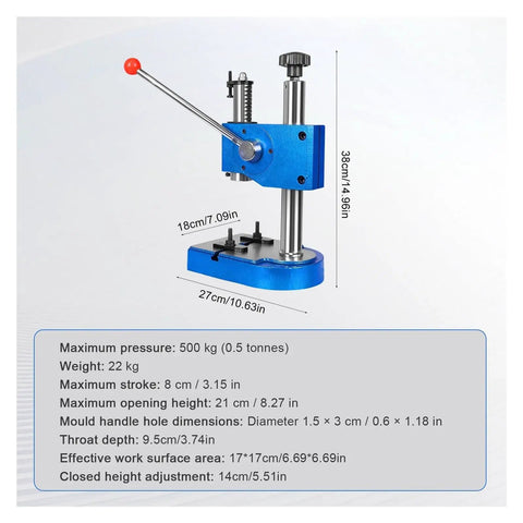 No Sweat Cast Iron Desktop Arbor Press 0.5 Ton Manual Hand Press Compact Bench Tool For Electronics Zipper Fixes and small hardware jobs on a blue metal workbench.