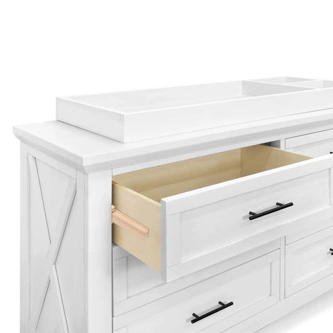 Open white dresser with visible Six Piece 15.7 Inch Wooden Drawer Slides Bottom Mount Set Classic Traditional Center Guide Track.