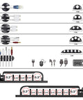 Diagram showing dimensions and uses of components in All In One Cable Boss Kit With 4 Sleeves, 53 Clips, 12 Cord Clips.
