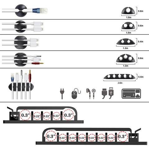 Diagram showing dimensions and uses of components in All In One Cable Boss Kit With 4 Sleeves, 53 Clips, 12 Cord Clips.