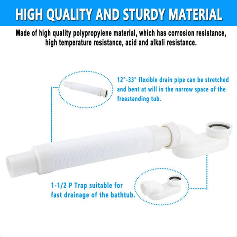 Flexible 12''-33'' P-trap tub drain kit showing polypropylene material, labeled for bathtub drainage. Low Profile One And A Half Inch P Trap Tub Drain Kit With Flexible Freestanding Bath Drain For Bathtub And Shower Installations Perfect For Tight Spaces And RV Use In Compact Designs Easy Install With Durable Materials Prevents Leaks And Clogs.