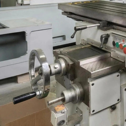 M10 revolving handwheel handle on industrial lathe, part of 3 Pack M10 Revolving Handwheel Handles With Nuts For Lathe Machines.
