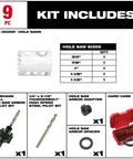 Awesome Milwaukee Style Hex Shank Hole Saw Kit With 9 General Purpose Cutting Bits Made From Tough 8 Percent Cobalt For Extra Wear Resistance And Rip Guard Teeth Plus Plug Jack For Fast Debris Removal On Any Hardwood Or Metal Job, 9-piece kit sizes shown
