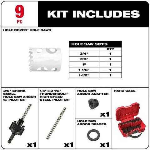 Awesome Milwaukee Style Hex Shank Hole Saw Kit With 9 General Purpose Cutting Bits Made From Tough 8 Percent Cobalt For Extra Wear Resistance And Rip Guard Teeth Plus Plug Jack For Fast Debris Removal On Any Hardwood Or Metal Job, 9-piece kit sizes shown