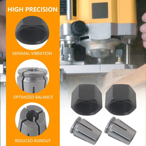 Precision Machined Router Collet Kit For Dewalt DW621 DW618 And 1613 1618 Series with metal collets shown beside router