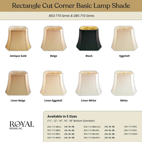 Rectangle Cut Corner Lamp Shade color options with Antique Gold, Beige, Black, Eggshell in eggshell silk type shantung fabric