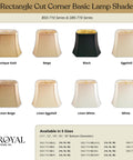 Rectangle Cut Corner Basic Lamp Shade Collection, shown in multiple colors, includes focus keyword: 'Rectangle Cut Corner Basic Lamp Shade 8x12 Top and 14x20 Bottom, 14.25 Inch Slant, Linen Beige Fabric With Softback Off White Polycotton Lining, Choose Silk Shantung Or Linen Material, Neutral Classic Look For Any Table Or Floor Lamp'.
