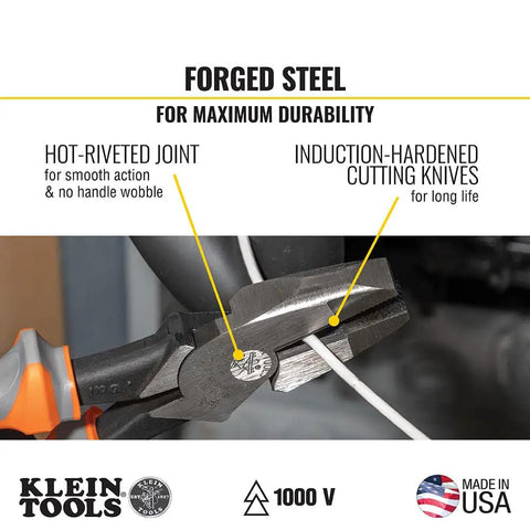 Close-up of 1000V Rated Insulated Side Cutting Pliers 9 Inch Built For Pros showing induction-hardened cutting knives Made In USA