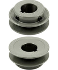 Beefy Double Groove 2.5 Inch V Belt Pulley With 1 Inch Bore Fixed Bore And One Quarter Inch Keyway Cast Iron 2 Groove Sheave For A AX 3L And 4L Belts 2AK251 showing front and side view.