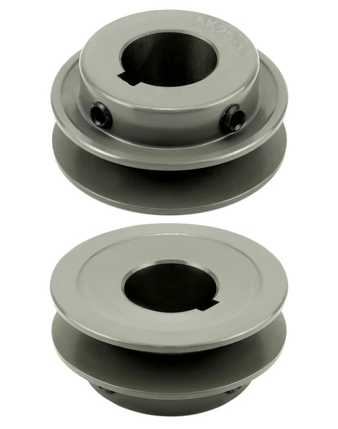 Beefy Double Groove 2.5 Inch V Belt Pulley With 1 Inch Bore Fixed Bore And One Quarter Inch Keyway Cast Iron 2 Groove Sheave For A AX 3L And 4L Belts 2AK251 showing front and side view.