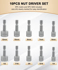 Pro Grade 10 Piece Nut Driver Set For Impact Drill With Metric And SAE Nut Driver Bits displayed in a grid layout