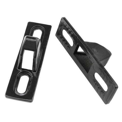 Stainless Steel Sliding Door Keepers For Sliding Glass Doors With Mounting Screws Black Finish Durable Corrosion Resistant Adjustable Vertical Slot Design Ideal For Sliding Patio Doors 2 Pack shown in close-up view.