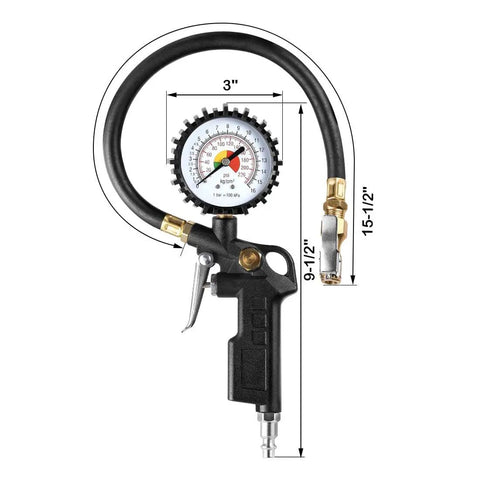 Tire Inflator Deflator Gauge With Two And A Half Inch Dial, Brass Lock On Chuck, 13 Inch Rubber Hose, 0-220 PSI Range, All In One Air Pressure Tool for RV Car Motorcycle Bike.