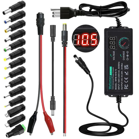 Adjustable DC Power Supply 3 To 24 Volts 3 Amps 72 Watts with LED display, 14 tip set, test leads, polarity converter