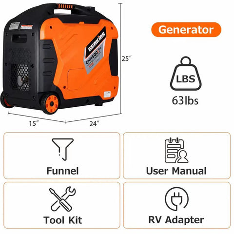 Portable Inverter Generator 4500W Gas Powered Pure Sine Wave For Camping And RV, 63lbs dimensions and accessories shown