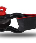 Close-up of Two Pack Half Inch Heavy Duty D Ring Shackle Set Built Tough For Off Road Towing, rugged 45 steel with strap attached
