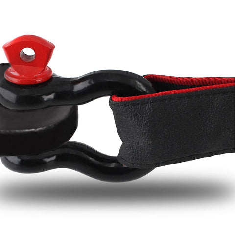 Close-up of Two Pack Half Inch Heavy Duty D Ring Shackle Set Built Tough For Off Road Towing, rugged 45 steel with strap attached