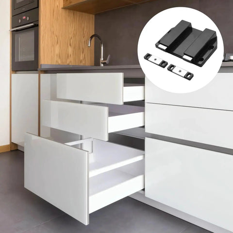 Push To Open Magnetic Door Latch For Glass Cabinets And Double Doors, Zinc Alloy Chrome Finish, shown in kitchen setup