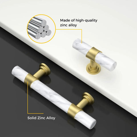 Close-up of Ten Pack Center Mount Cabinet Knobs And Barrel Drawer Pulls In Matte Black With Gold Accents made from zinc alloy.