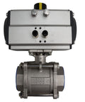 Top view of Three Piece 2 Inch Pneumatic Actuated Ball Valve With Threaded Ends 304 Stainless Steel Double Acting Globe Valve For Automatic Control System Heavy Duty Flow Control showing actuator and valve details.