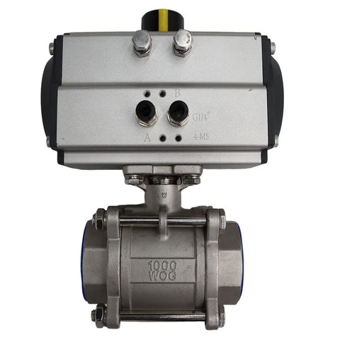 Top view of Three Piece 2 Inch Pneumatic Actuated Ball Valve With Threaded Ends 304 Stainless Steel Double Acting Globe Valve For Automatic Control System Heavy Duty Flow Control showing actuator and valve details.