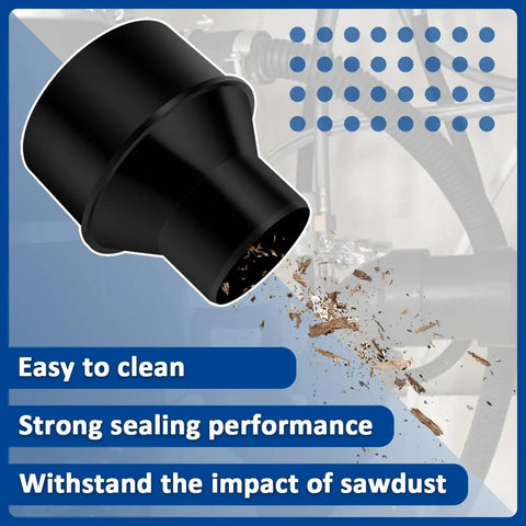 Four Inch To Two And One Half Inch Dust Collection Reducer Cone Adapter, shown with wood dust, features, and background machinery.