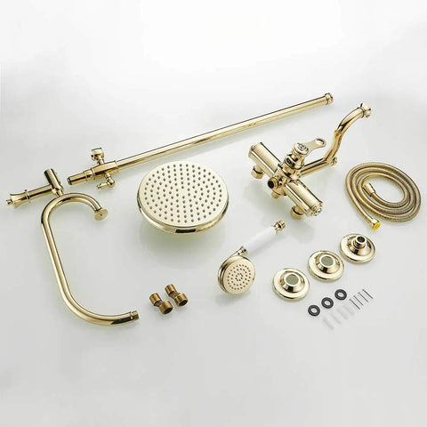UMJIGF 8 Inch Shower System with Cold and Hot Water Shower Combo Set, gold multifunction faucet, shower head, and accessories.
