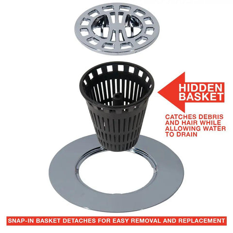 Chrome Shower Drain Hair Catcher For Stand Alone Showers 3 Inch Drain Hair Trap With Detachable Basket Includes Five Replacement Baskets And Strainer To Prevent Clogs And Make Cleaning A Breeze with detachable basket visible