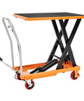 Heavy Duty Hydraulic Lift Table Cart With 1100 Lb Capacity Reliable Pump Smooth Operation Easy To Use For Material Handling Tasks Portable Work Station, black tabletop, orange base, portable design.