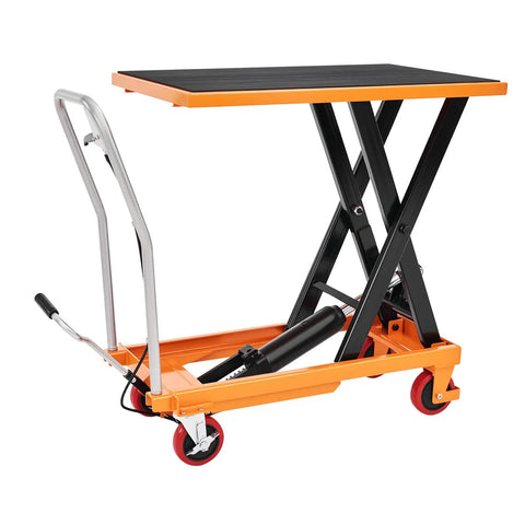 Heavy Duty Hydraulic Lift Table Cart With 1100 Lb Capacity Reliable Pump Smooth Operation Easy To Use For Material Handling Tasks Portable Work Station, black tabletop, orange base, portable design.