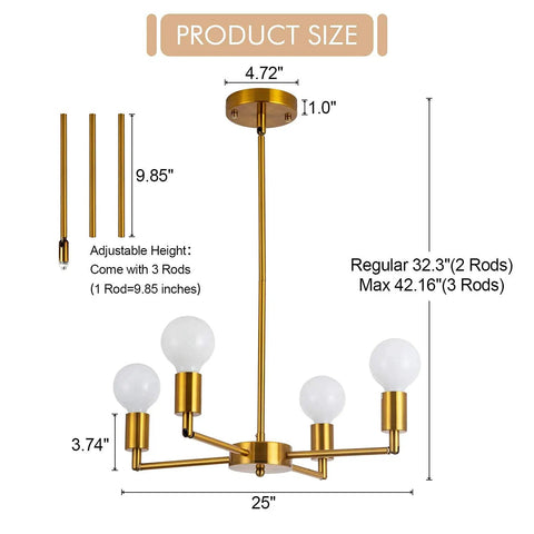 4 Light Sputnik Chandelier With Rotatable Lamp Cups, Dope Modern Gold Bronze Pendant Lighting showing dimensions and adjustable rods