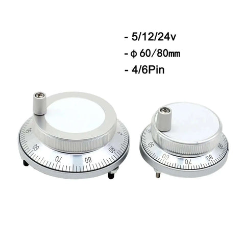 Pulser Handwheel For CNC Machines, 12V To 24V Power, 4/6 Pin Pulse Interface, shown in 60mm and 80mm sizes, manual pulse generator.