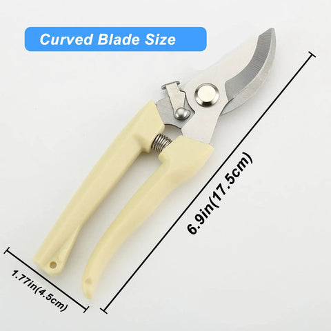 Pruning Shears Set Of Two For Gardening For Flowers Bonsai And Fruit Picking One Straight Blade And One Curved Blade With Ergonomic Comfort Grips Pro Grade Quality For Precise Pruning Of Plants And Trees showing curved blade size