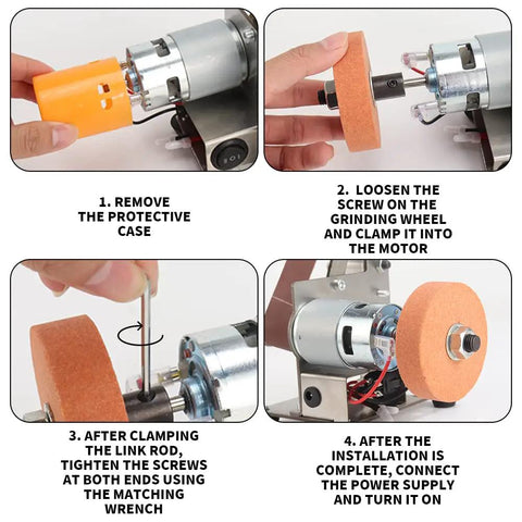 Instructions for installing the motor on Top Tier 3 In 1 Mini Belt Sander Bench Grinder Polisher And Buffer Station.
