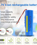 Beefy 5000mAh 3.7V Li Ion RC Battery with JST XH 2P Plug, visible features include size and safety certifications.