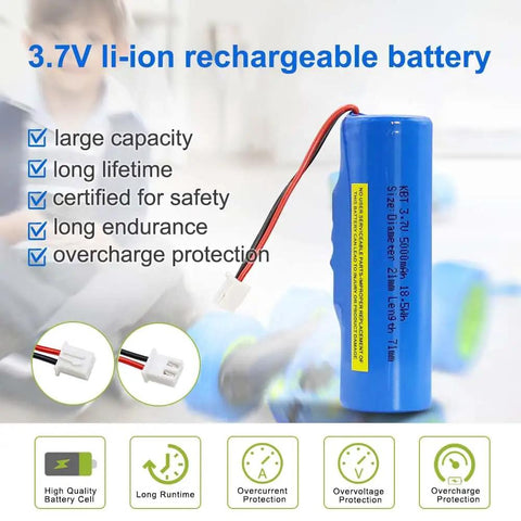 Beefy 5000mAh 3.7V Li Ion RC Battery with JST XH 2P Plug, visible features include size and safety certifications.