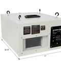 Heavy Duty Ceiling Air Filtration System With Remote Control Three Speed Dust Collector And Dual Stage Carbon Filter For Garage Workshop Air Scrubber Kicking Serious Sawdust And Shop Grit White Powerhouse, side view with dimensions.