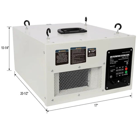 Heavy Duty Ceiling Air Filtration System With Remote Control Three Speed Dust Collector And Dual Stage Carbon Filter For Garage Workshop Air Scrubber Kicking Serious Sawdust And Shop Grit White Powerhouse, side view with dimensions.
