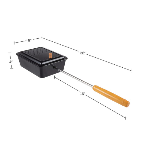 Campfire Popcorn Popper For Open Flame Cooking With Nonstick Finish And Extended Handle shown with dimensions